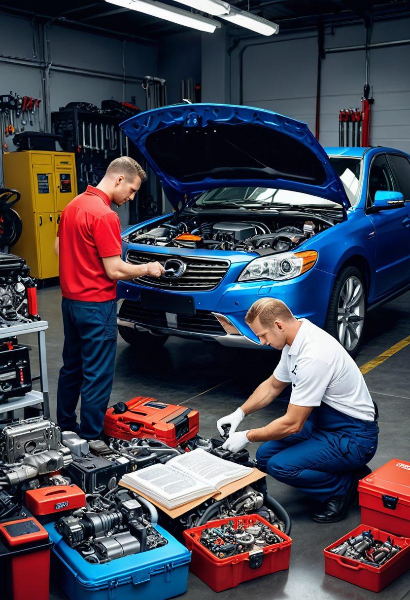 A dynamic and vibrant scene featuring a skilled mechanic working on a high-tech car engine, surrounded by innovative automotive tools and gadgets. Showcase various car models in the background, highlighting both classic and modern designs, under a bright, well-lit garage setting. Incorporate elements that represent knowledge, such as open books and technical diagrams floating around. Bright colors and detailed equipment to emphasize the state-of-the-art car care. super-realistic. vibrant colors. 3D.
