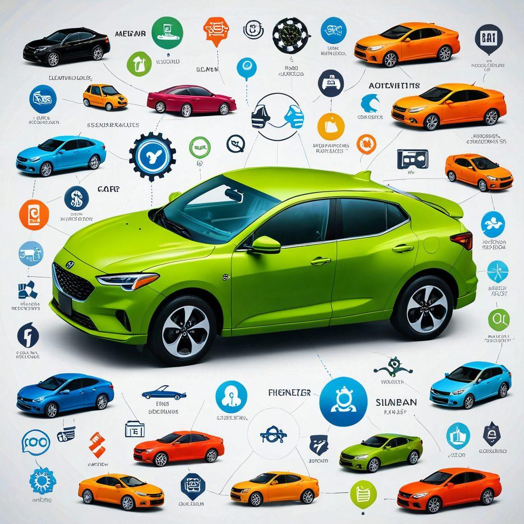An educational collage depicting a sleek modern car surrounded by vibrant icons representing reviews, financing, and automotive knowledge. Include elements like a magnifying glass for reviews, dollar signs for financing, and a gear for automotive expertise. The background should be dynamic, blending automotive landscapes with digital elements, symbolizing the journey of car ownership. super-realistic. vibrant colors. white background.