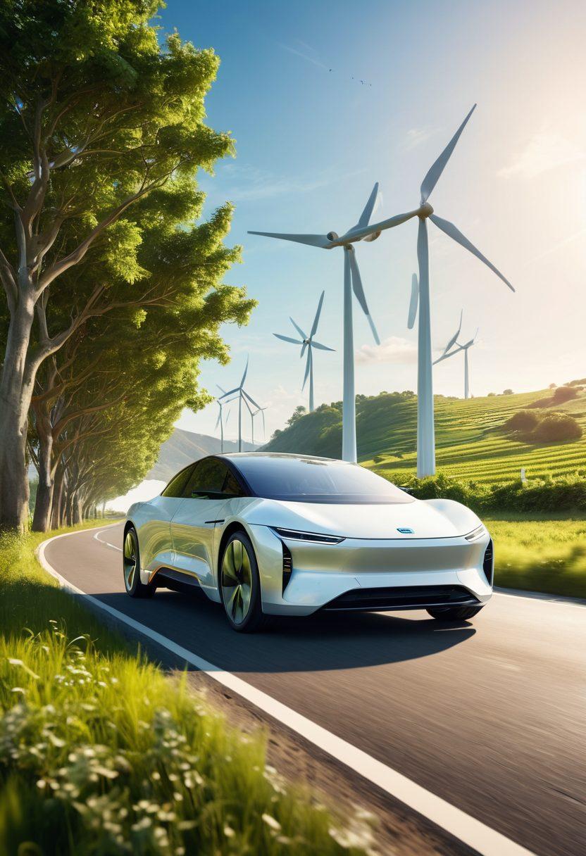 A sleek, futuristic electric vehicle cruising along a scenic, eco-friendly highway surrounded by lush greenery and solar panels. The sky is bright with the sun shining down, illuminating the innovative technologies like charging stations and wind turbines along the route. The vehicle features modern design elements, showcasing a blend of technology and nature. super-realistic. vibrant colors. 3D.